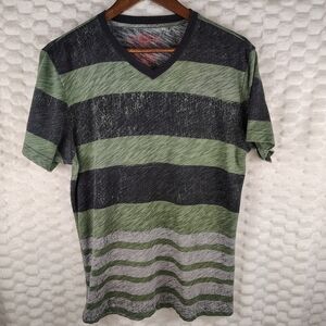 American Rag Green, Black And Gray Striped V-Neck Tee Men's Size Medium